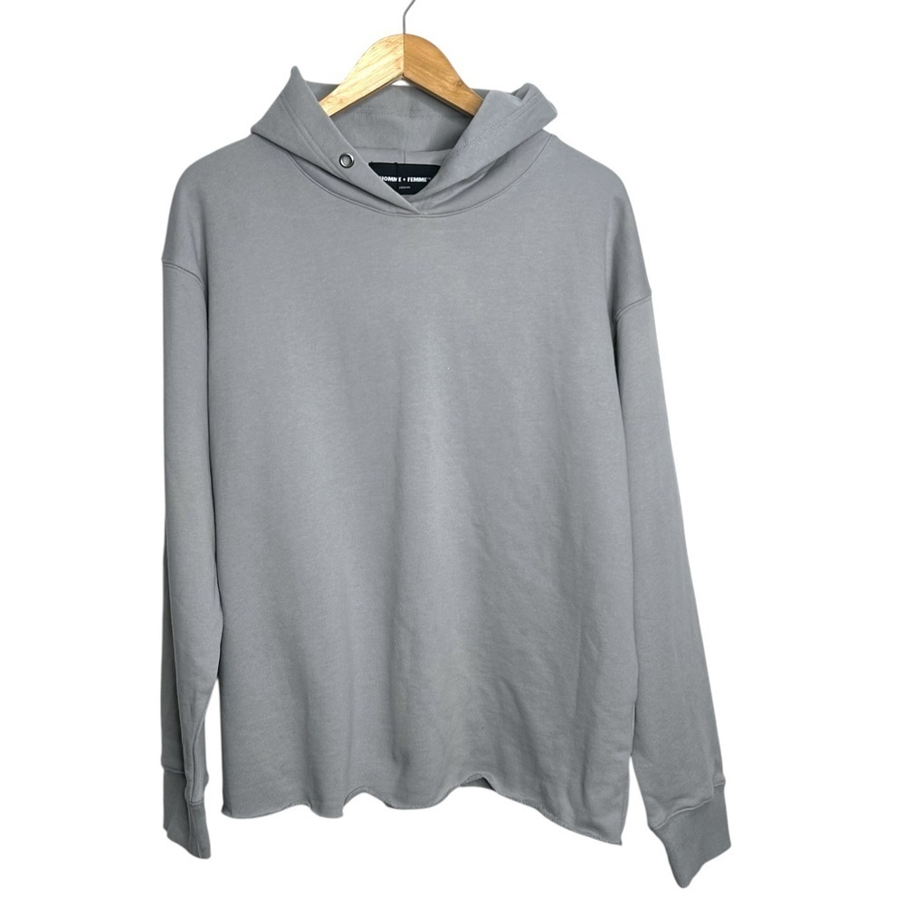 Homme + Femme Gray Hoodie Terry Knit Men’s Pullover Solid Raw Hem Medium Unisex